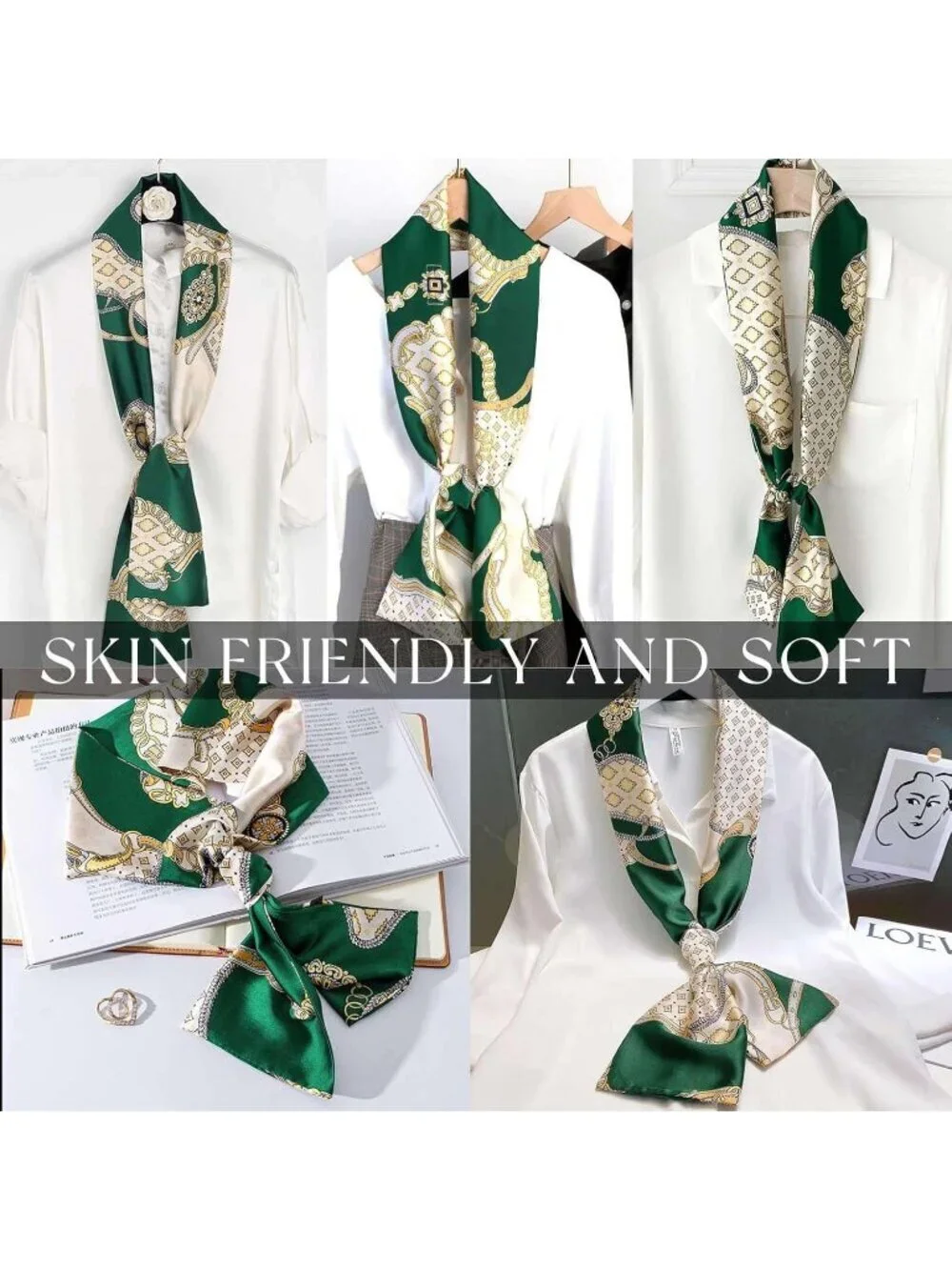 Women's Green Beige Plaid Stylish Satin Headscarf Wrap Lightweight Scarves Scarf